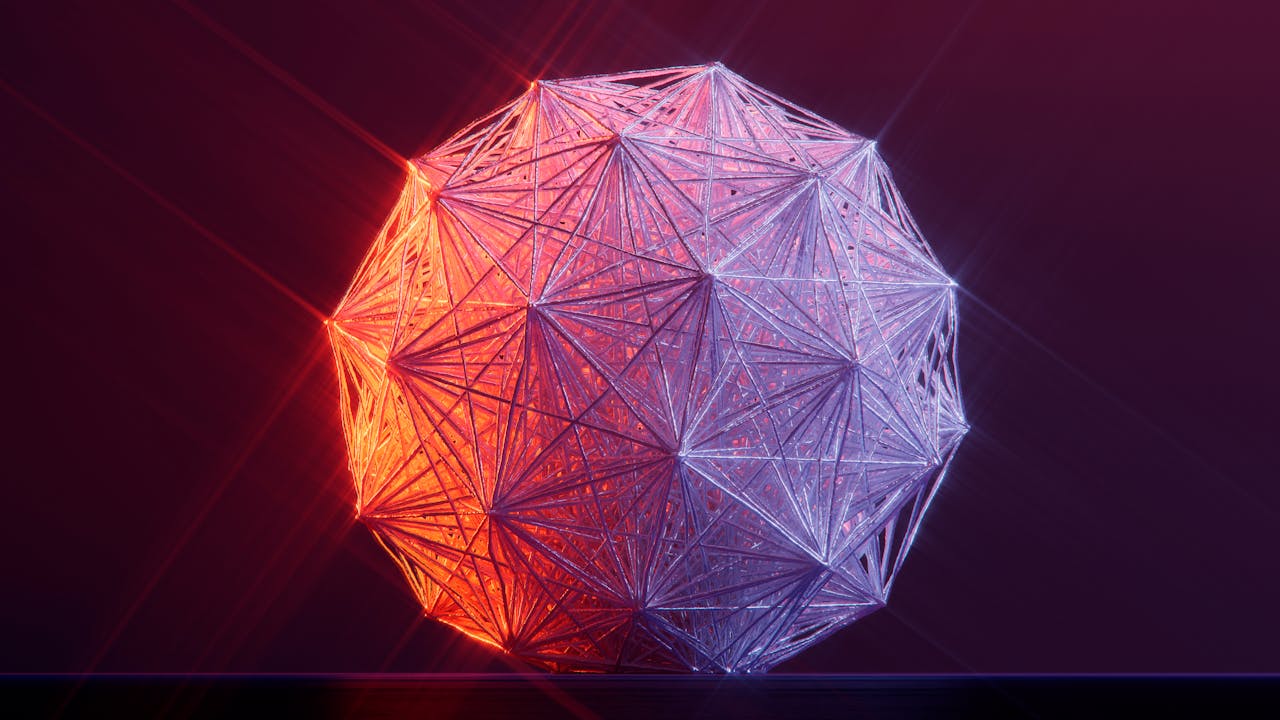 A captivating abstract 3D geometric shape illuminated in red and purple hues against a dark background.